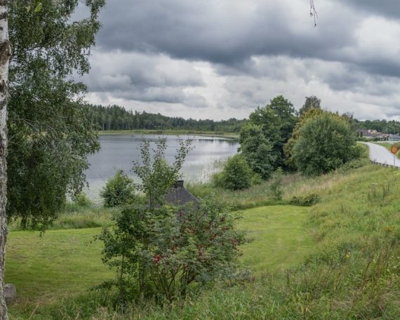 A scenic view of a road and a lake